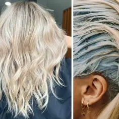 Piękne, rozjaśnione blond włosy po zabiegu. Po lewej efekt końcowy, po prawej widać, co to jest toner do włosów blond – niebieska maska na pasmach.