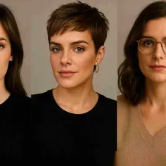 Trzy kobiety prezentują różne fryzury, pokazując, jak dopasować fryzurę do kształtu twarzy. Długie fale, krótki pixie cut i falowane włosy do ramion.