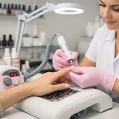 Stylistka w różowych rękawiczkach używa frezarki do paznokci, by nadać im idealny kształt. Jaka frezarka do paznokci sprawdzi się najlepiej?