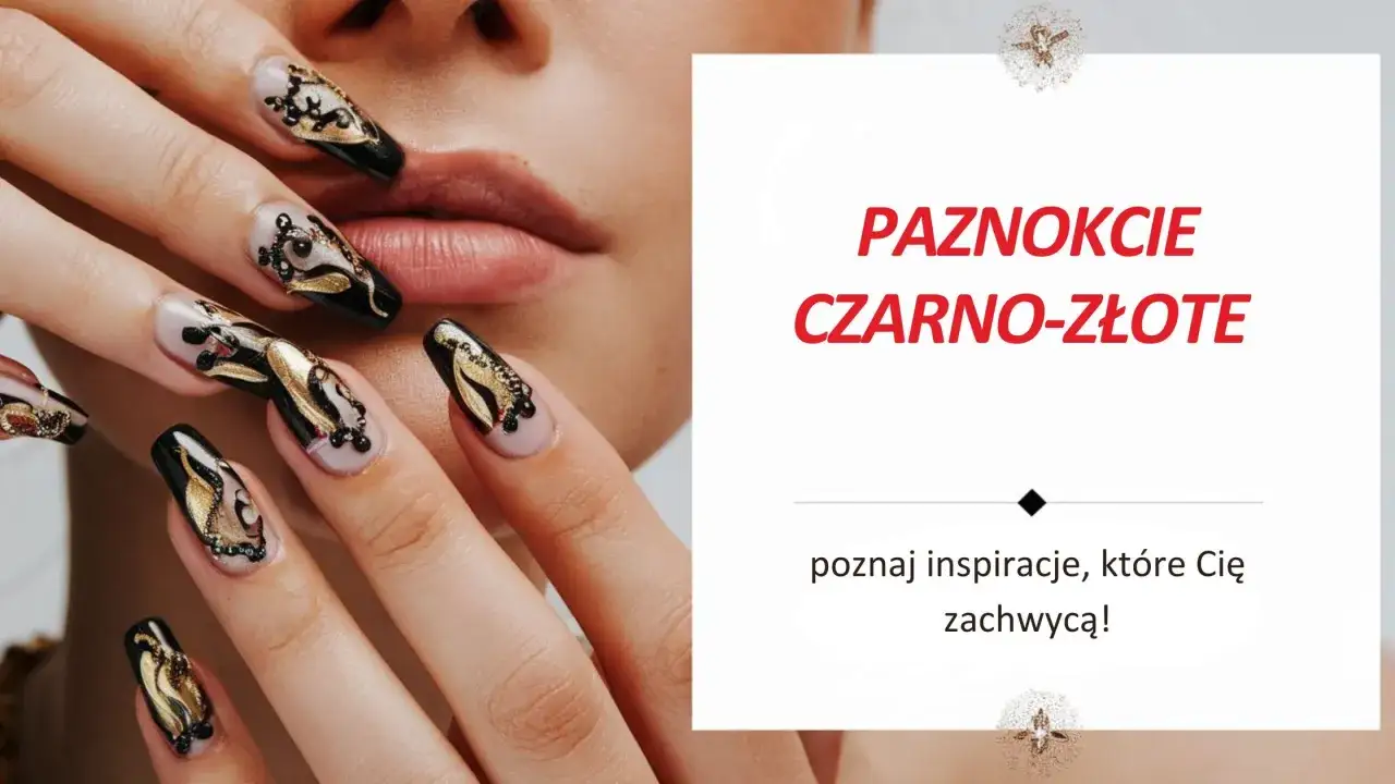Eleganckie paznokcie do czarnej sukienki i złotych dodatków. Czarne z błyszczącymi złotymi zdobieniami, idealne na wieczór.